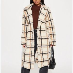 NWT Altard State Stoosh Plaid Sherpa Coat - Cream and Black